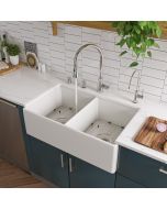 ALFI brand AB538-W White Double Bowl Smooth Fireclay Farmhouse Apron Kitchen Sink
