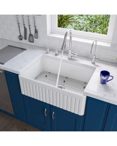 ALFI brand AB509-W White 30" Farm Sink Fluted One Bowl Design for Kitchen