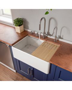 ALFI Brand ABFS3020-W White Smooth Apron Workstation Step Rim Fireclay Farm Sink with Accessories
