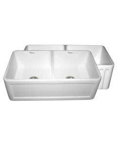 White Whitehaus WHFLCON3318 Fluted / Concave Double Bowl Fireclay Farm Sink 