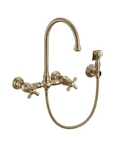 Whitehaus WHKWCR3-9301-NT-AB Vintage III Plus Wall Mount Faucet with Solid Brass Side Spray