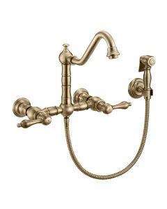 Whitehaus WHKWLV3-9402-NT-AB Antique Brass Vintage III Plus Wall Mount Faucet With Side Spray